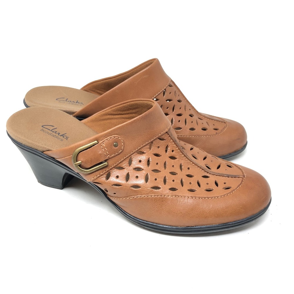 Clarks Womens 9 Bendables Caraway Star Mules Tan Leather Laser Cut Block Heel
